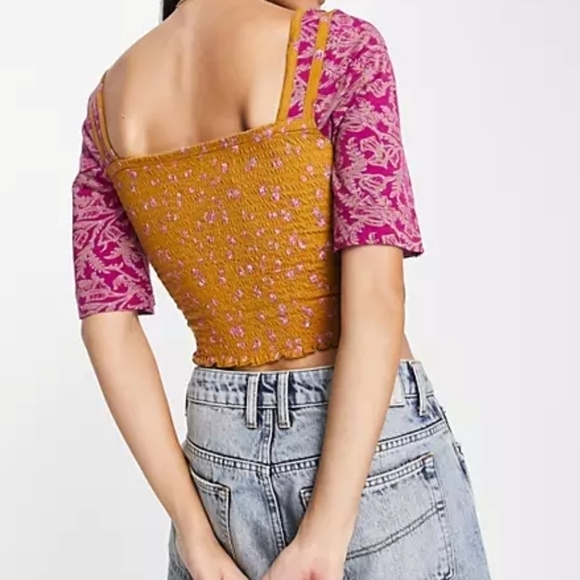 Free People Marigold and Pink Smocked Crop Blouse L - Picture 1 of 8